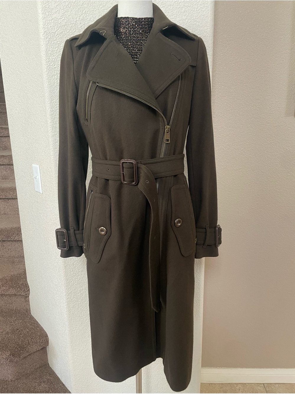 Burberry Dark Olive Wool-Blend Trench Coat with Belt